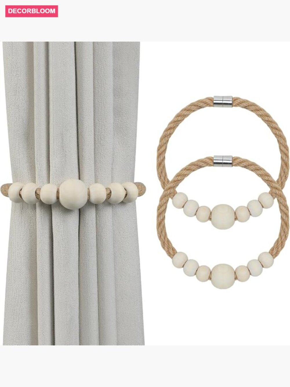 Magnetic Curtain Tiebacks, Jute Rope Holdbacks, Boho Hand Weave Decor, 2-Pack